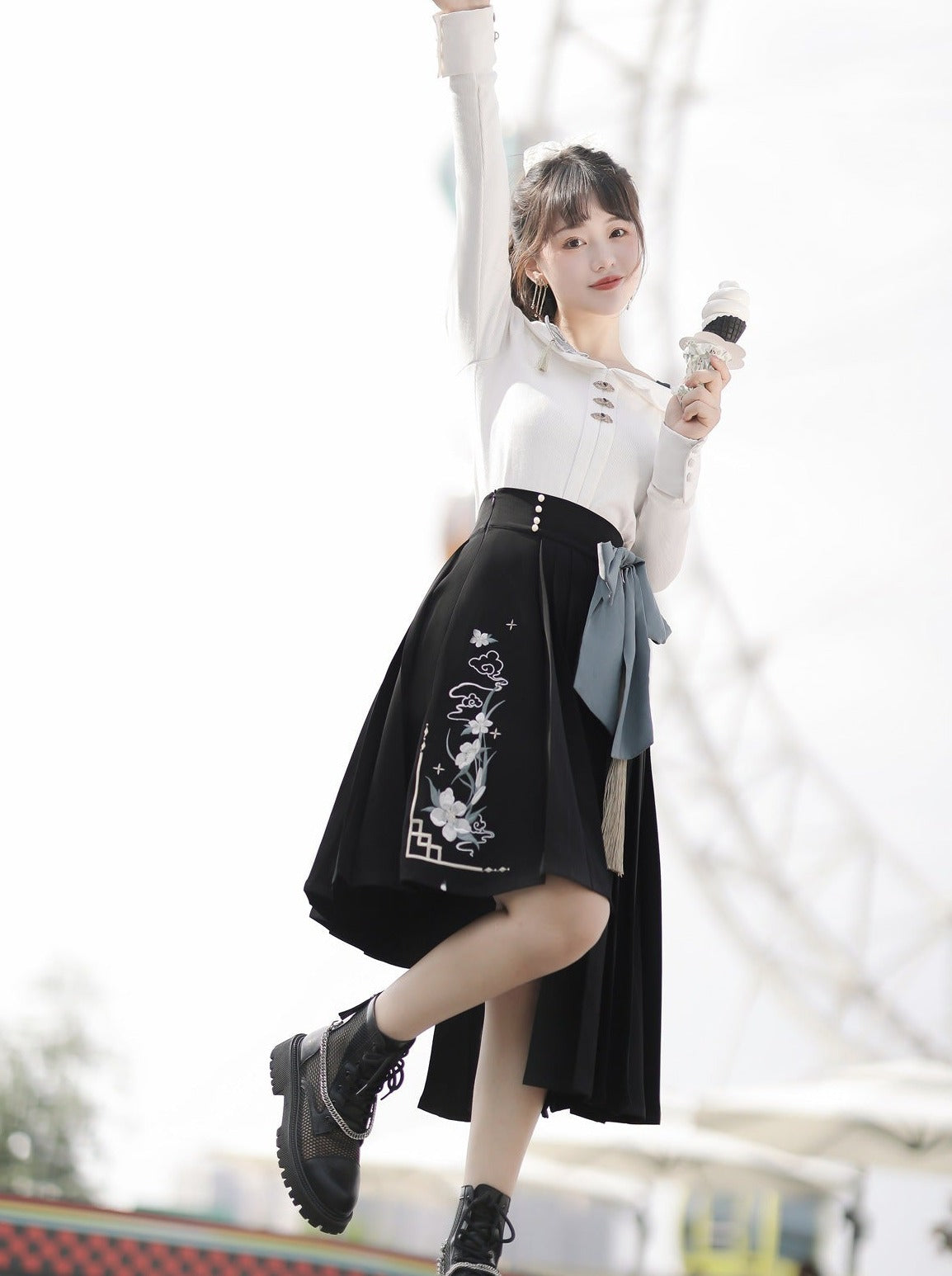 Top Schnalle Taille Asymmetrische Rock + Große Schleife Off-Shoulder China Hohe