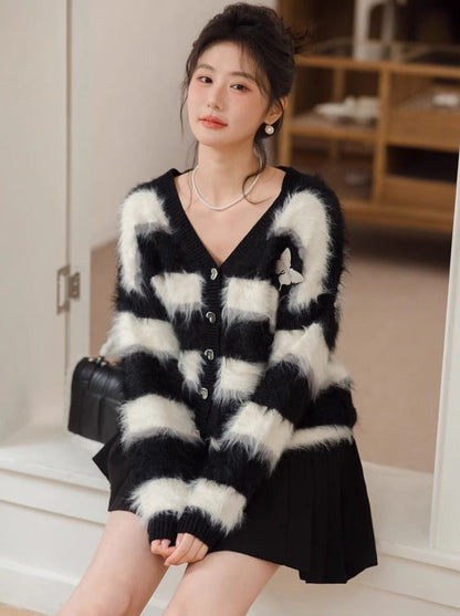 Gestreifter Schmetterlings-Chic-Shaggy-Cardigan