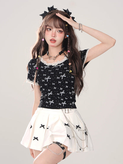 Lace Ribbon T-Shirt Girly Slim