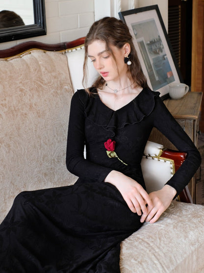 Rose Dress Chic Long Retro Dark Night