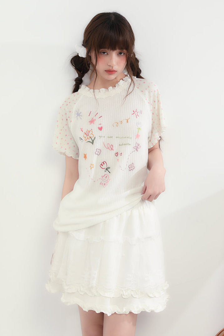 ラウンドネックハートフローラルトップス