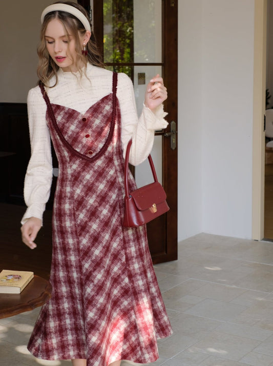 レトロな白いブラウスキャミソールドレス+ロマンティックチェックピュア