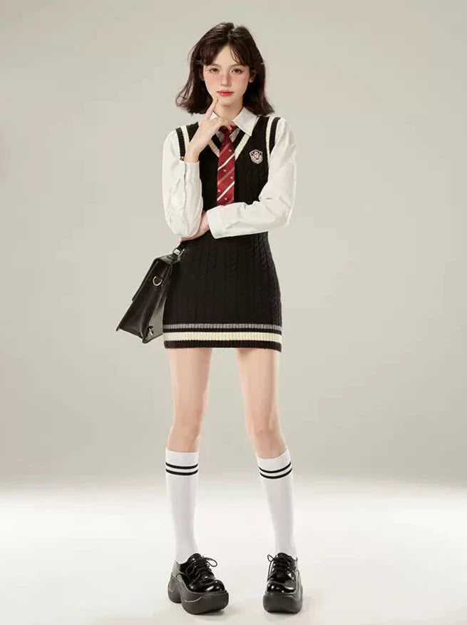 Strickkleid im College-Krawattenstil, weiße Weste, Hemd mit V-Ausschnitt