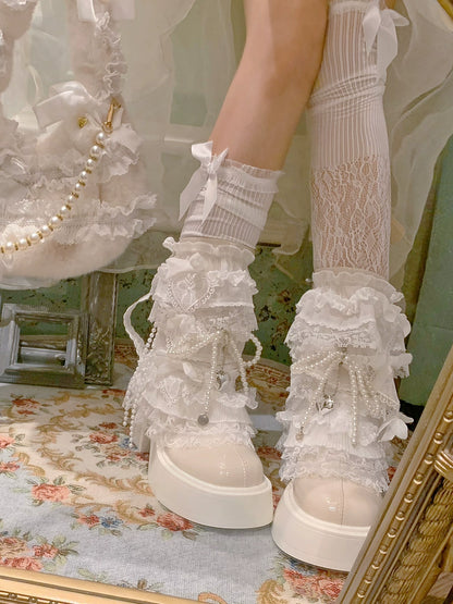 35-39 Retro Pearl Lace Platform Heel Ankle Boots