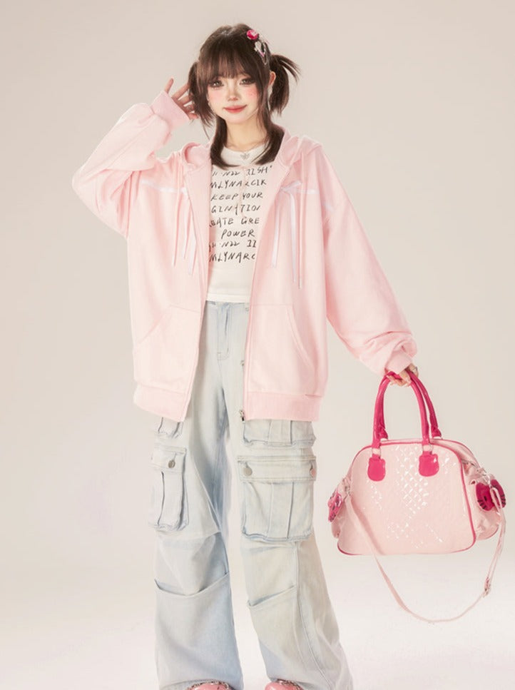 Zip-Up Ribbon Sweet Hoodie Pink Hooded