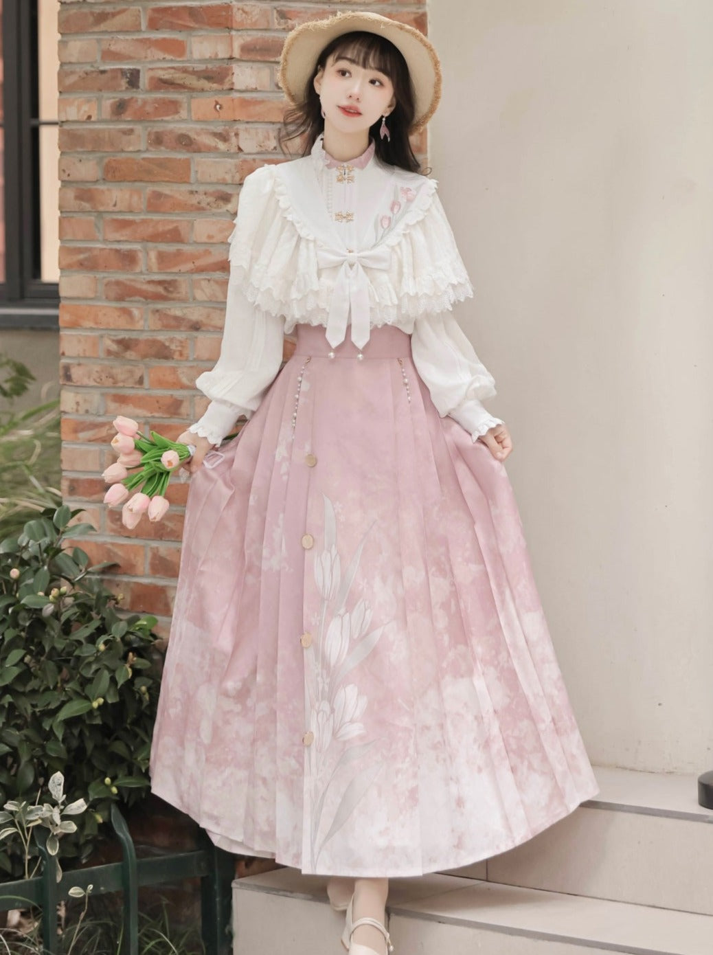 Bluse Plissee Schal Band Rock China + Süße Spitze Blumen