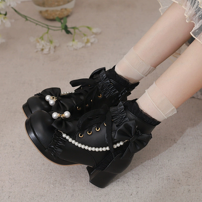 28-43 Sweet Martin Bow Pearl Lolita Boots