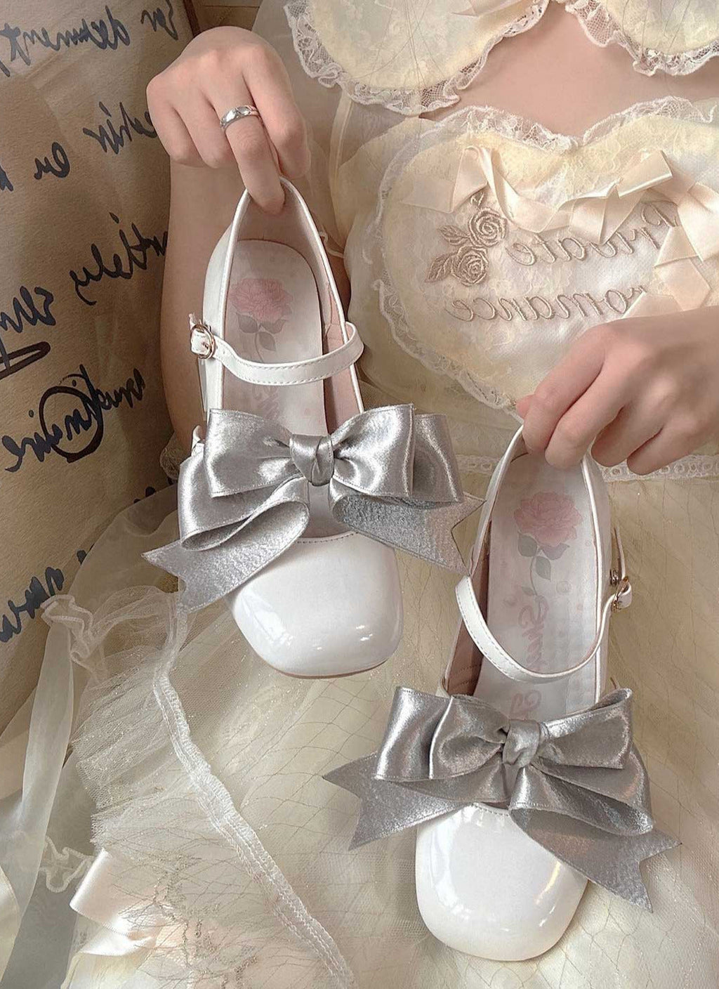 High Ribbon Heart Heel Shoes Ribbon Open Lolita Jewel