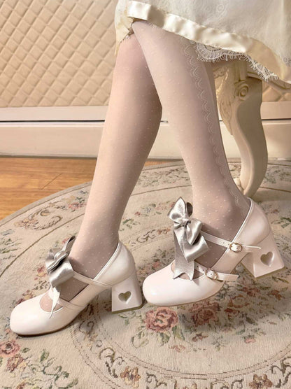 High Ribbon Heart Heel Shoes Ribbon Open Lolita Jewel