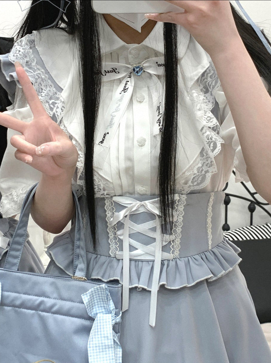 レースシアーショルダーケープマインリボンシャツ