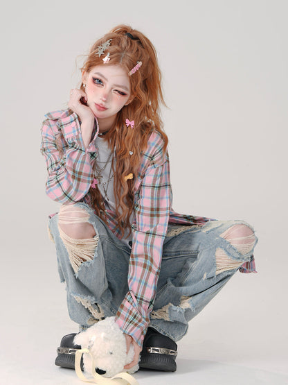 スタイルストリートブルーの破れデニムホール