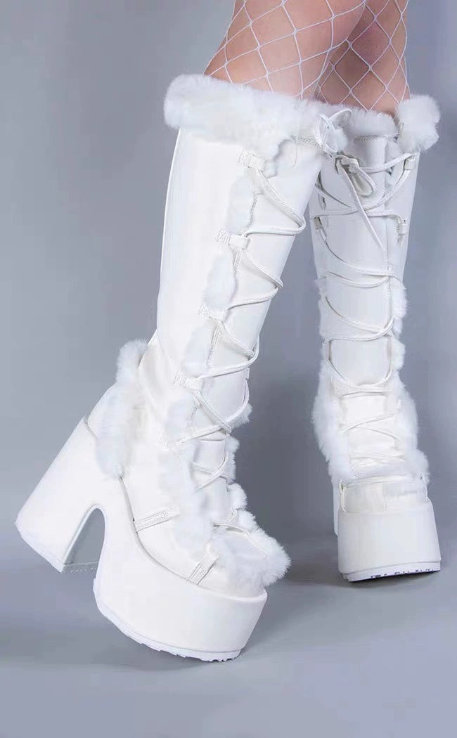 34-46 Y2K Snow Pu Fur Lace-up Thick Heel High Goth Platform Boots