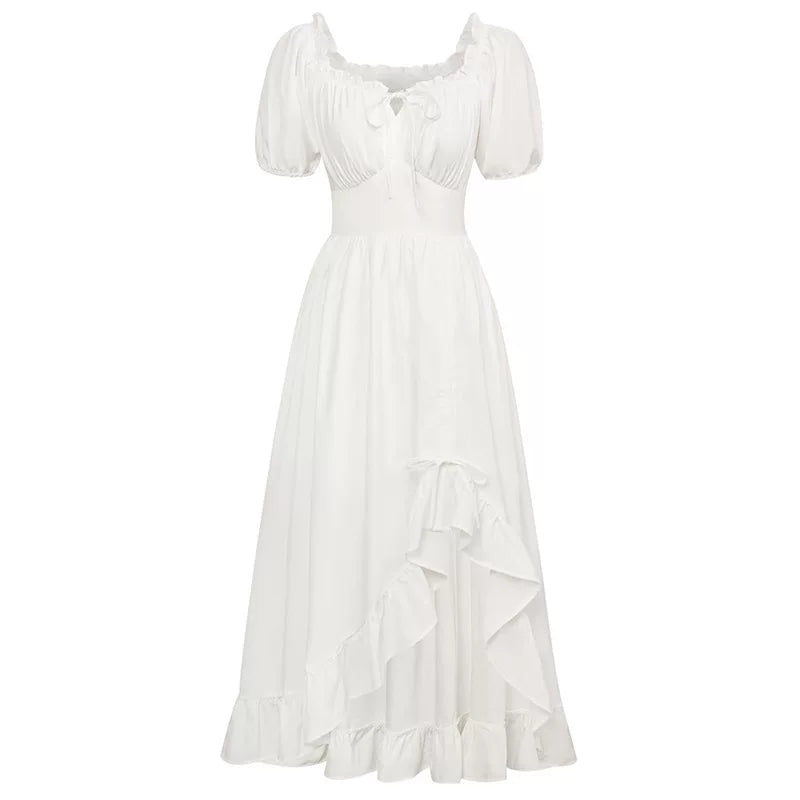 Medieval Court Short Sleeve Square Neck Dress – Irregular Hem Stage Gown