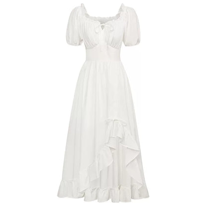 Medieval Court Short Sleeve Square Neck Dress – Irregular Hem Stage Gown