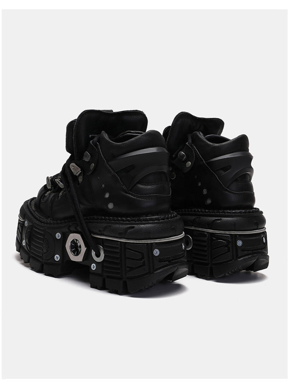 チェーンパンクメタルプラットフォームプレーンダークシューズハイトップ