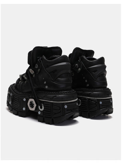 チェーンパンクメタルプラットフォームプレーンダークシューズハイトップ