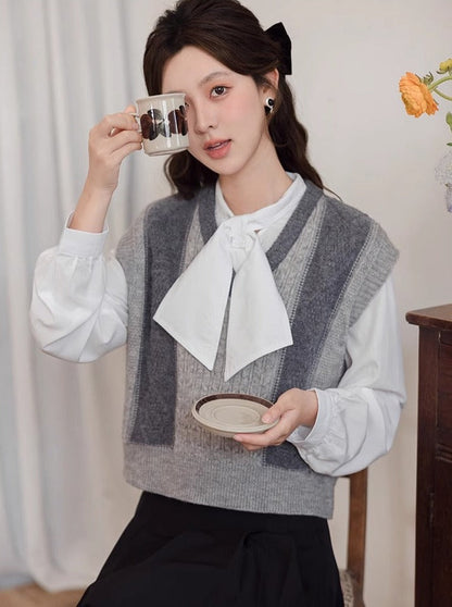 Vest Contrast Sweater Stripe V-Neck