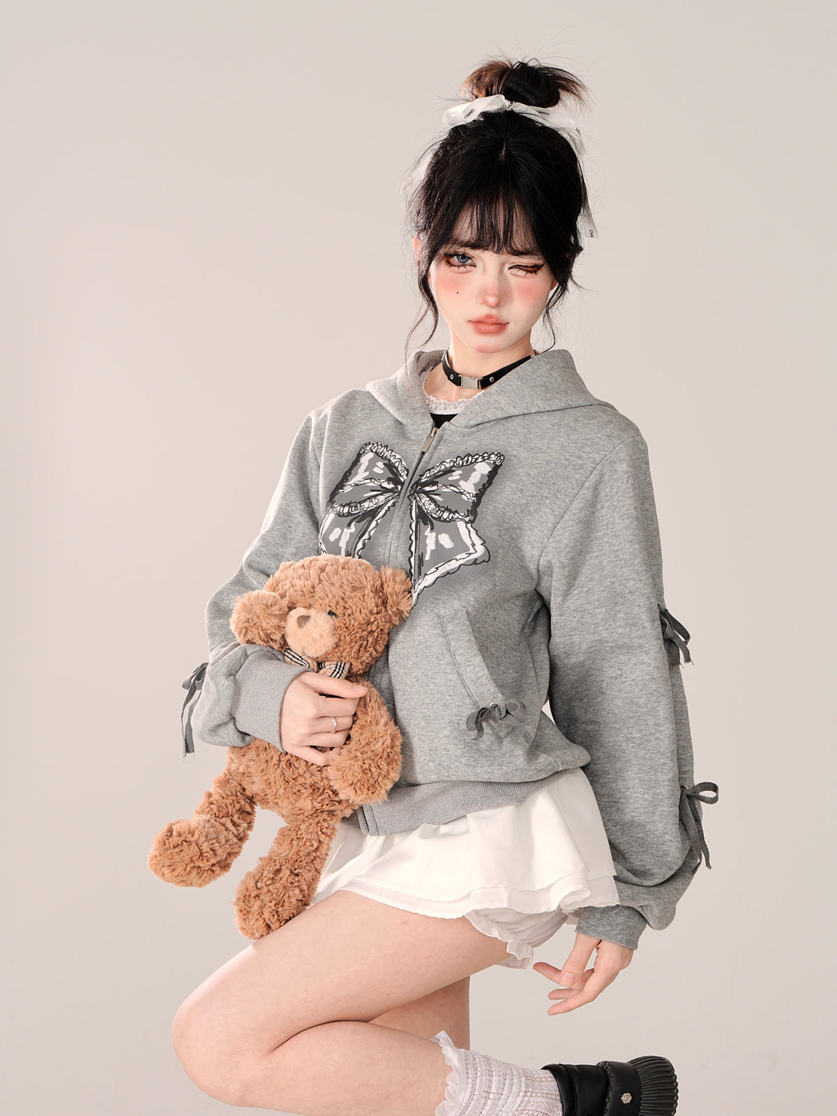 Zip-Up Hooded Loose Black Hoodie Ribbon