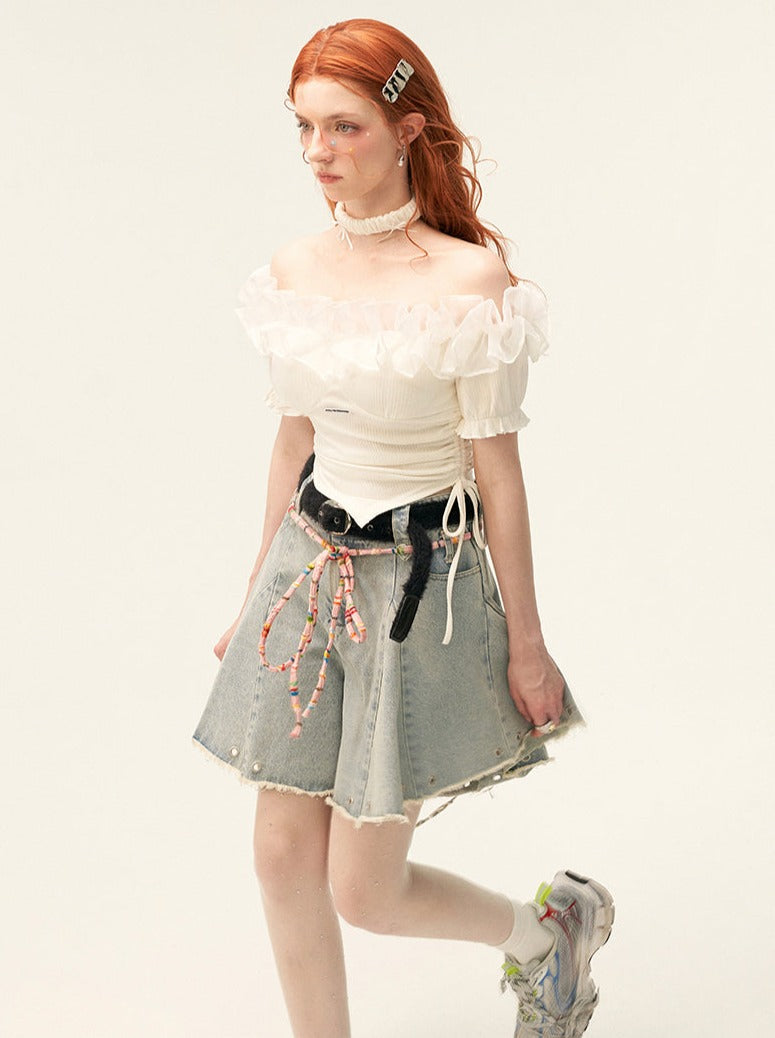 Spitzentop mit Schulterpartie und Tüll, hohes Blumenende, gestrickt