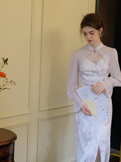 レトロなパープルフラワーのシアードレスカーディガンチャイナ