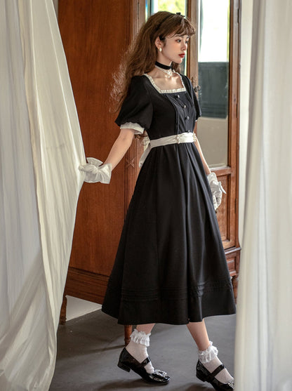 スクエアブラックパールウエストネックレスフレンチカラードレスブラックリボンキャットスーツレトロ