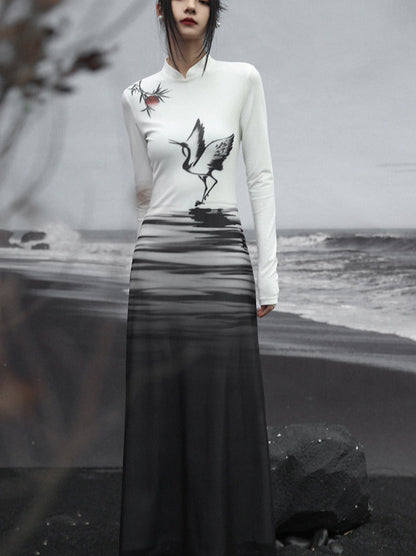 Langes Kleid Malerei Strick Slim China Print Tinte