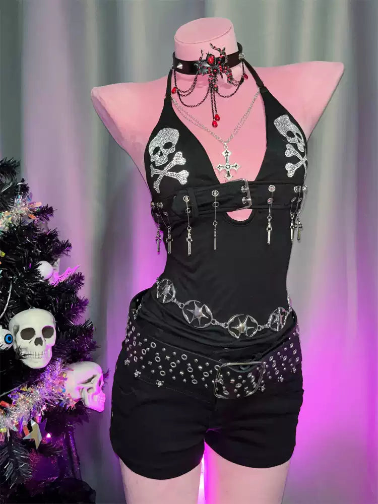 Y2K Punk Gothic Neck Skull Cross Strap Top