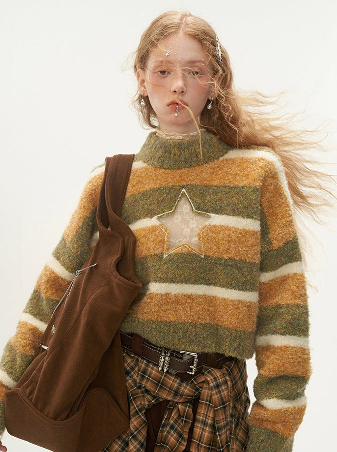 Star Center Neck High Knit Striped