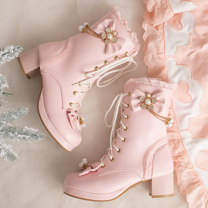 30-43 Lolita Bow & Pearl Embellished Knee-High Boots