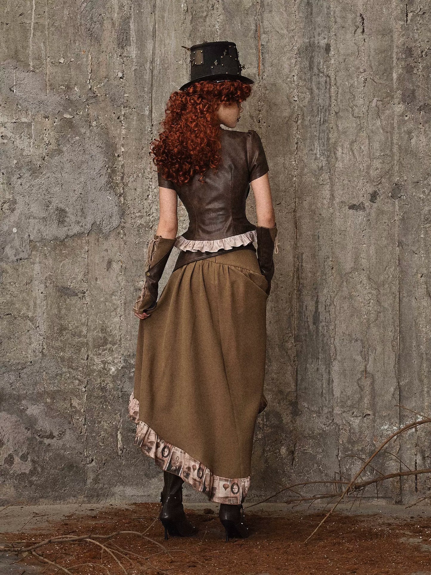 バッグフリルトレーリングスカートPUウエストスチームパンクアンティークレトロ
