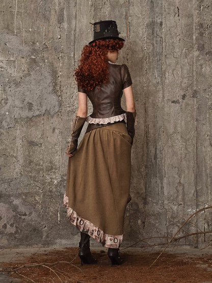 バッグフリルトレーリングスカートPUウエストスチームパンクアンティークレトロ