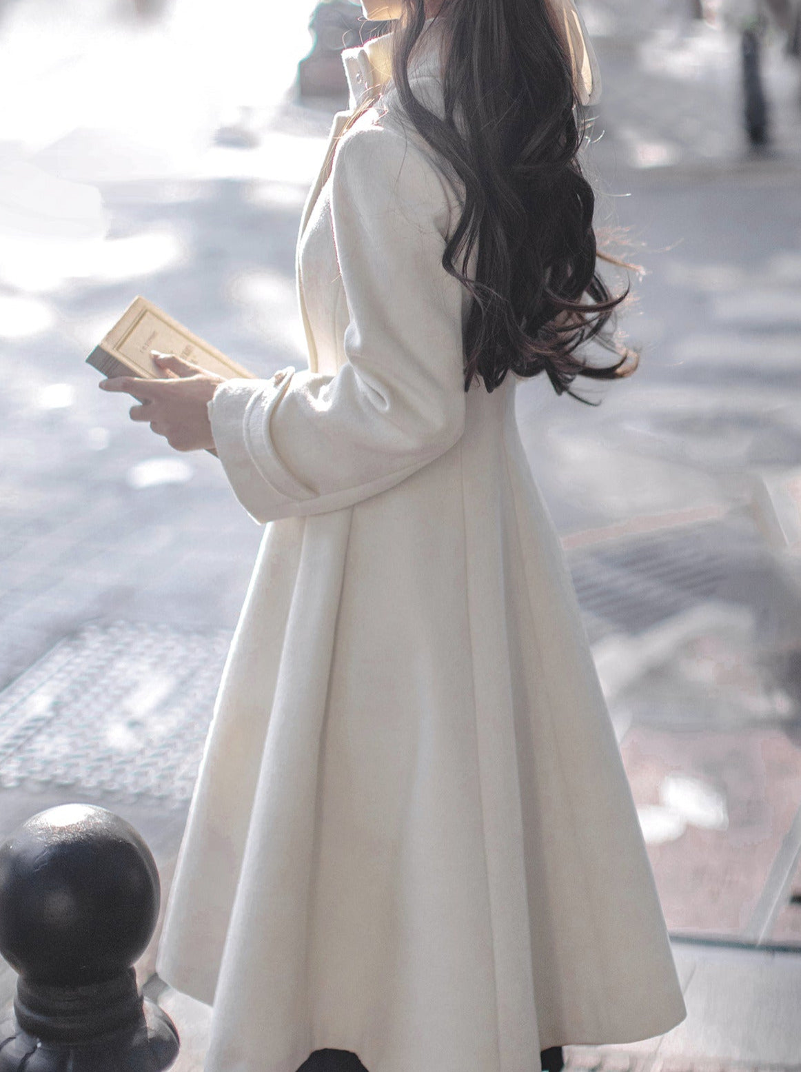 スタンドカラーウールコート エレガント レトロ リボン ダブルブレスト