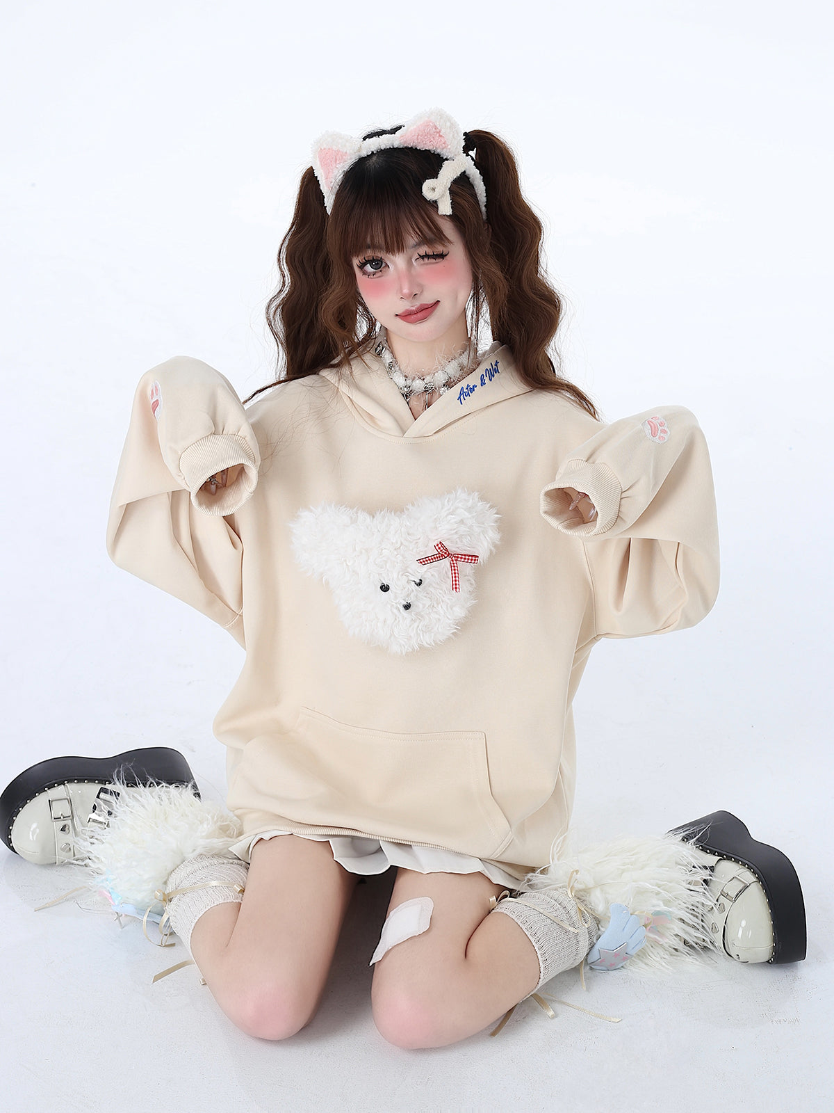 Farbe Lose Kapuze Flauschige Kapuze Hoodie Pastell Kaninchen Morabito