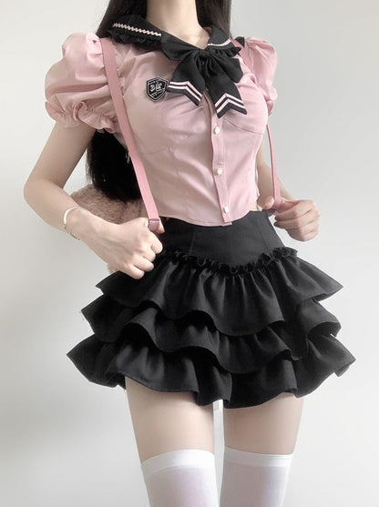 女の子のパフフレアスカートリボントップフリルスリムスイートスリーブ