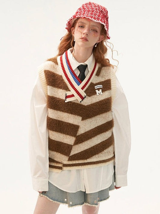 Knit Fleece V-neck Striped Asymmetrical Vest Fur
