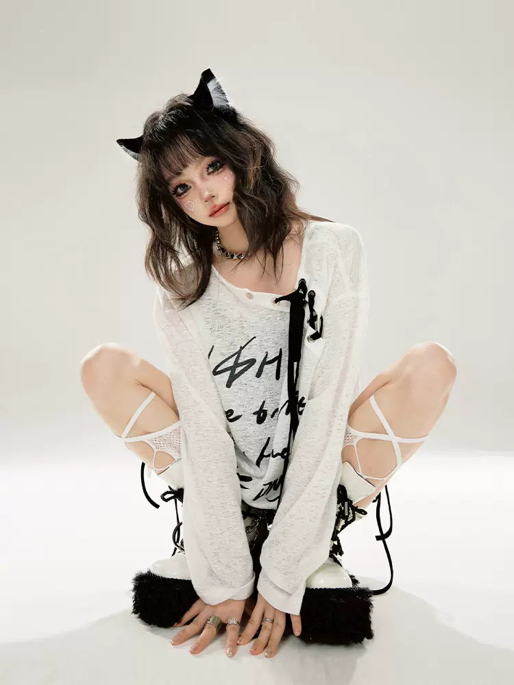 ロングストラップ レターTプリント オフショルダー ホワイト