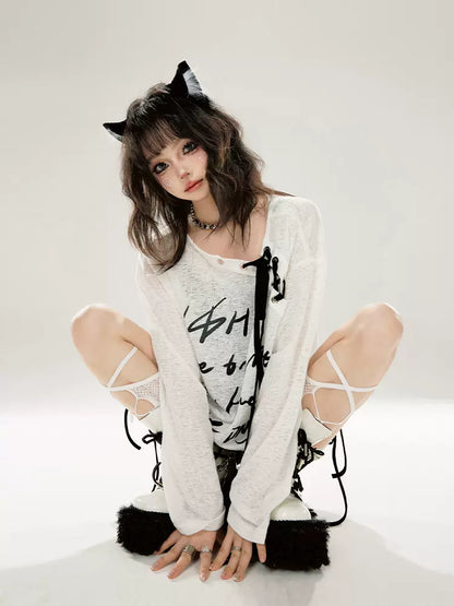 ロングストラップ レターTプリント オフショルダー ホワイト