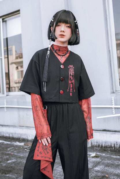 Black China Short V-Neck Top