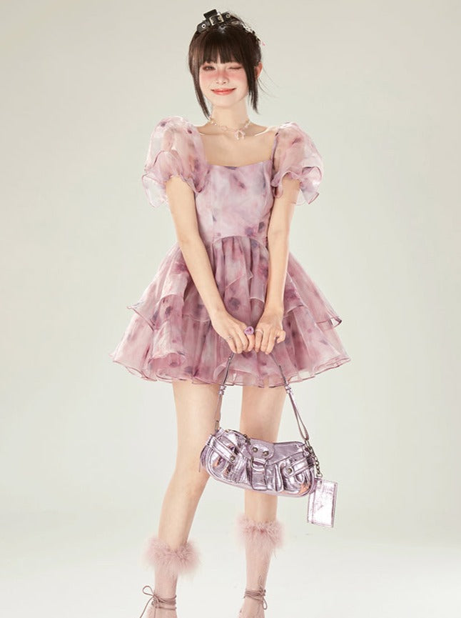 ドリームドレススリーブパープルフラワーオールドシアーパフ