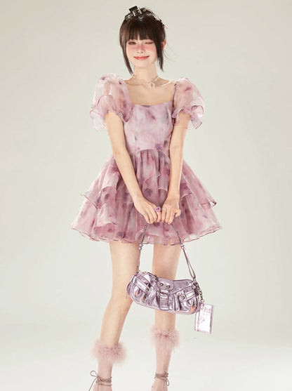 ドリームドレススリーブパープルフラワーオールドシアーパフ