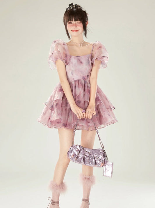 ドリームドレススリーブパープルフラワーオールドシアーパフ