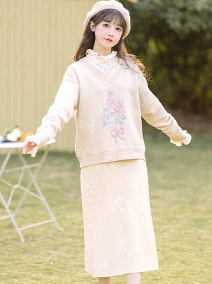 Vest Skirt Sweater + Yellow Jacquard Knit + Ribbon Knit