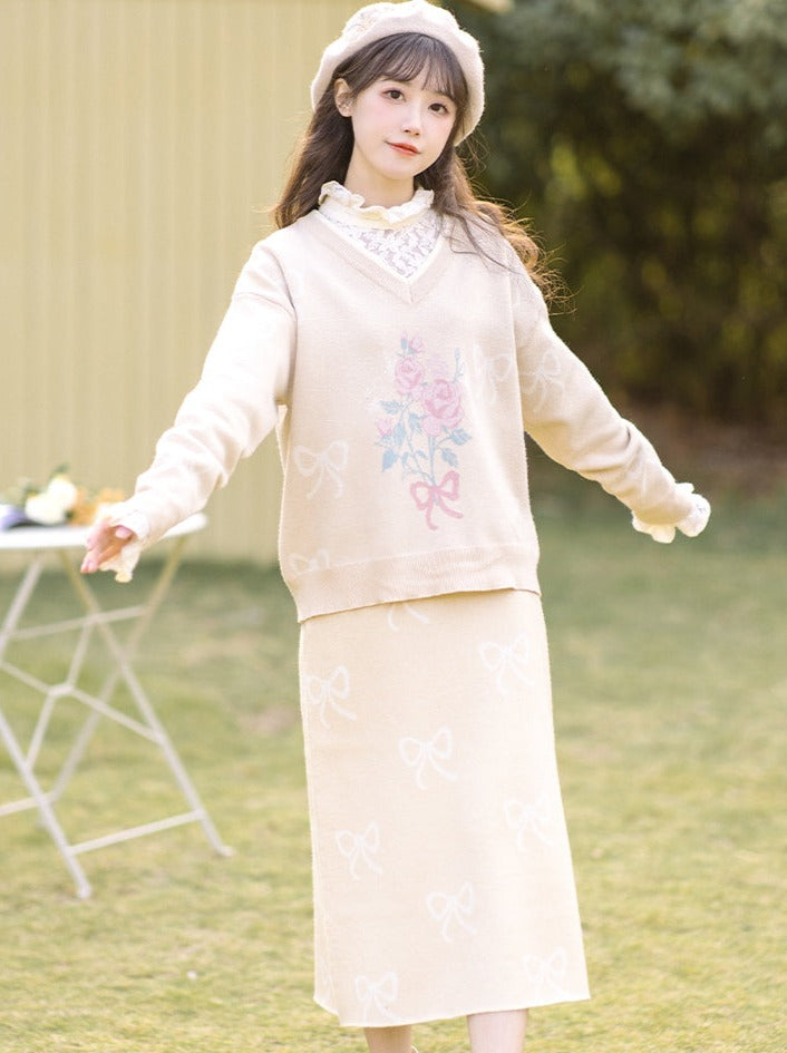 Westenrock-Pullover + gelber Jacquard-Strick + Bändchenstrick 