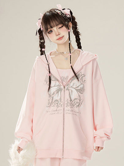 ジップガーリー+ルーズバタフライキャミソールパンツジャケットリボンスウェットシャツフード付きピンク