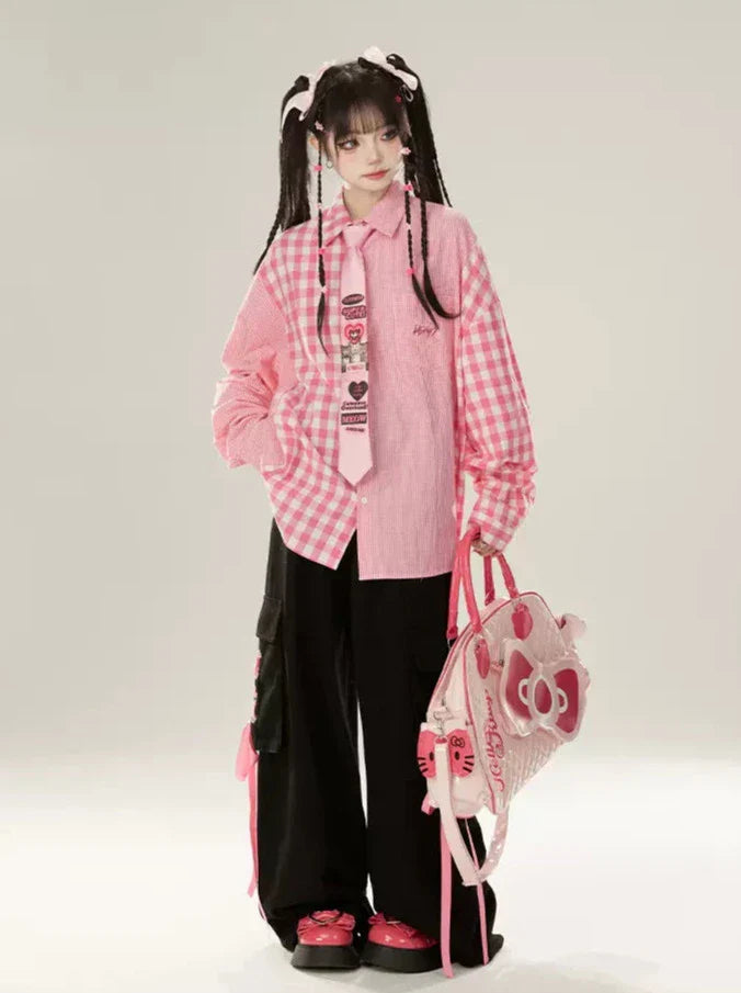 コントラストデニムサスペンダーピンクシャツスカートチェックルーズ+カラー