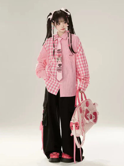 コントラストデニムサスペンダーピンクシャツスカートチェックルーズ+カラー