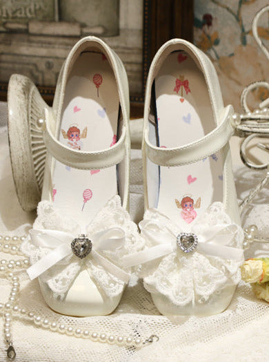 エレガントなフレンチスクエアレースリボンシューズヒールトゥロリータラブ