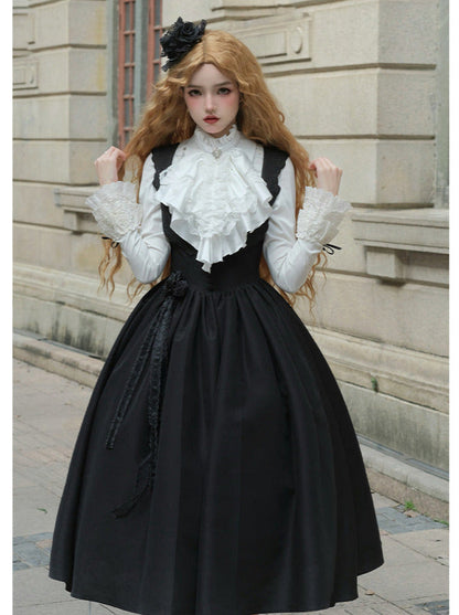 Bluse Spitze Weiß + Jacke Kleid Schwarz Schwarz Klassisches Kleid Gothic Und Nacht Rüschen Traveller