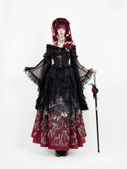 Full-length front view of Miaojian black blouse, corset and red skirt