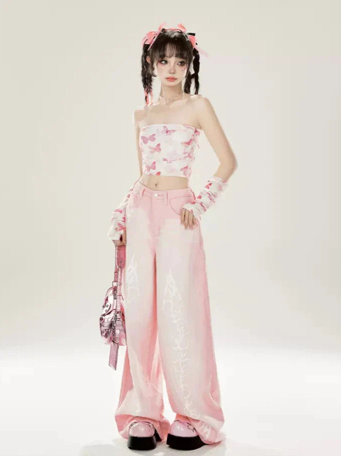 ストレートルーズドラゴンピンクワイドエレメントデニム